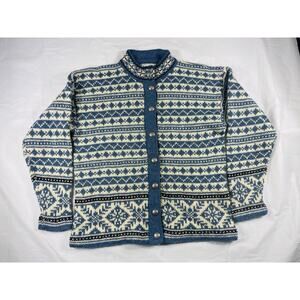Vintage L.L. Bean Wool Cardigan XS Blue Fair Isle Nordic USA Made